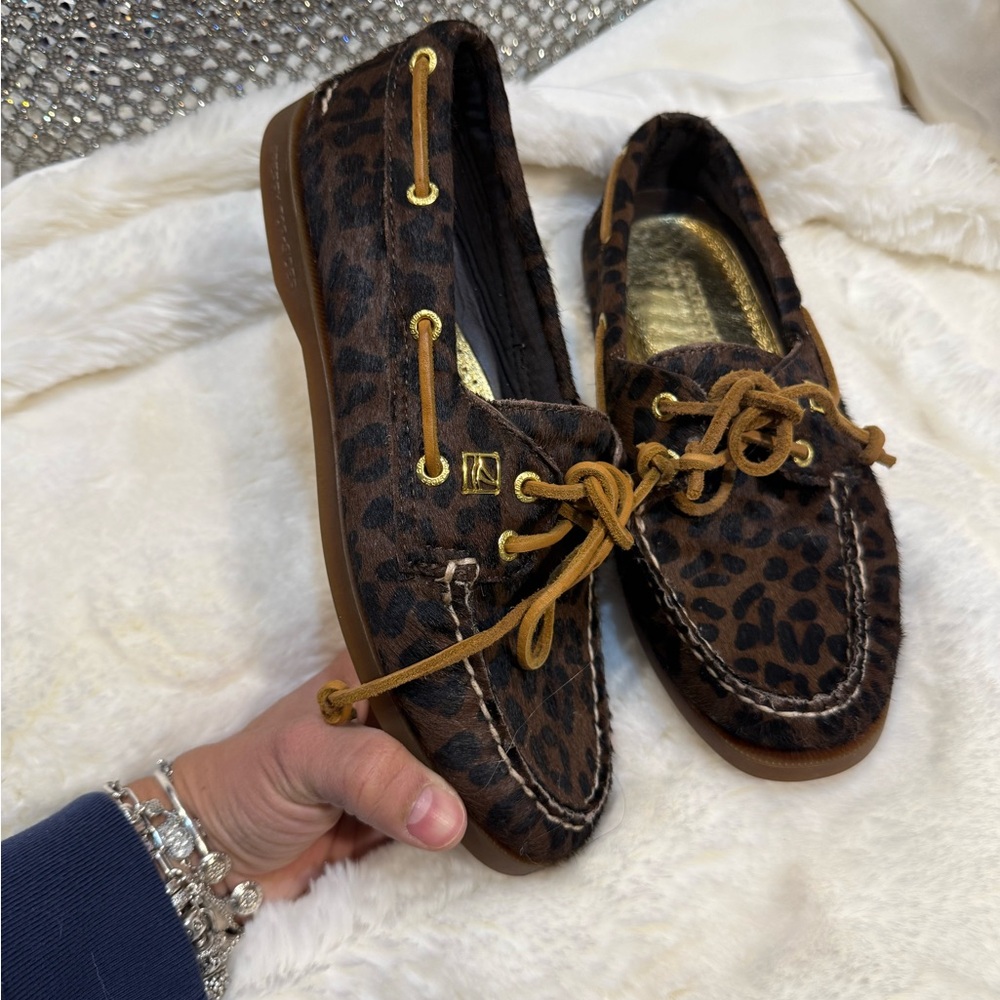 Sperry Leopard Print Loafers with Gold Accents